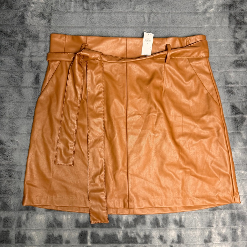 Banana Republic Faux Leather Mini Skirt Womens 16 Brown Tie Waist 713575-02-1